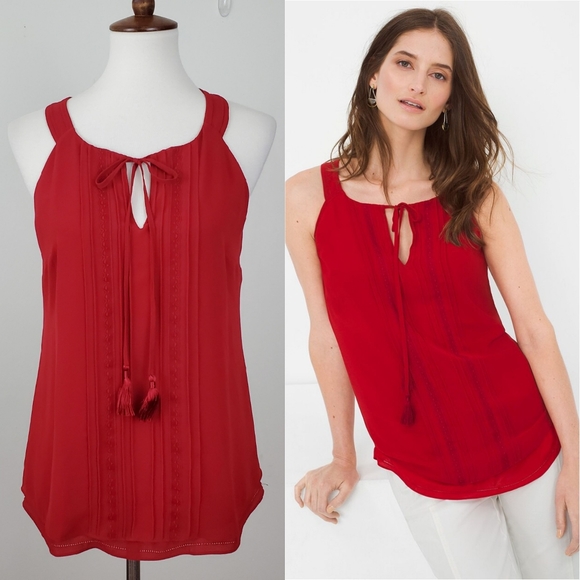 White House Black Market Tops - WHBM Red Tassel Tie Pleated Tank Top
